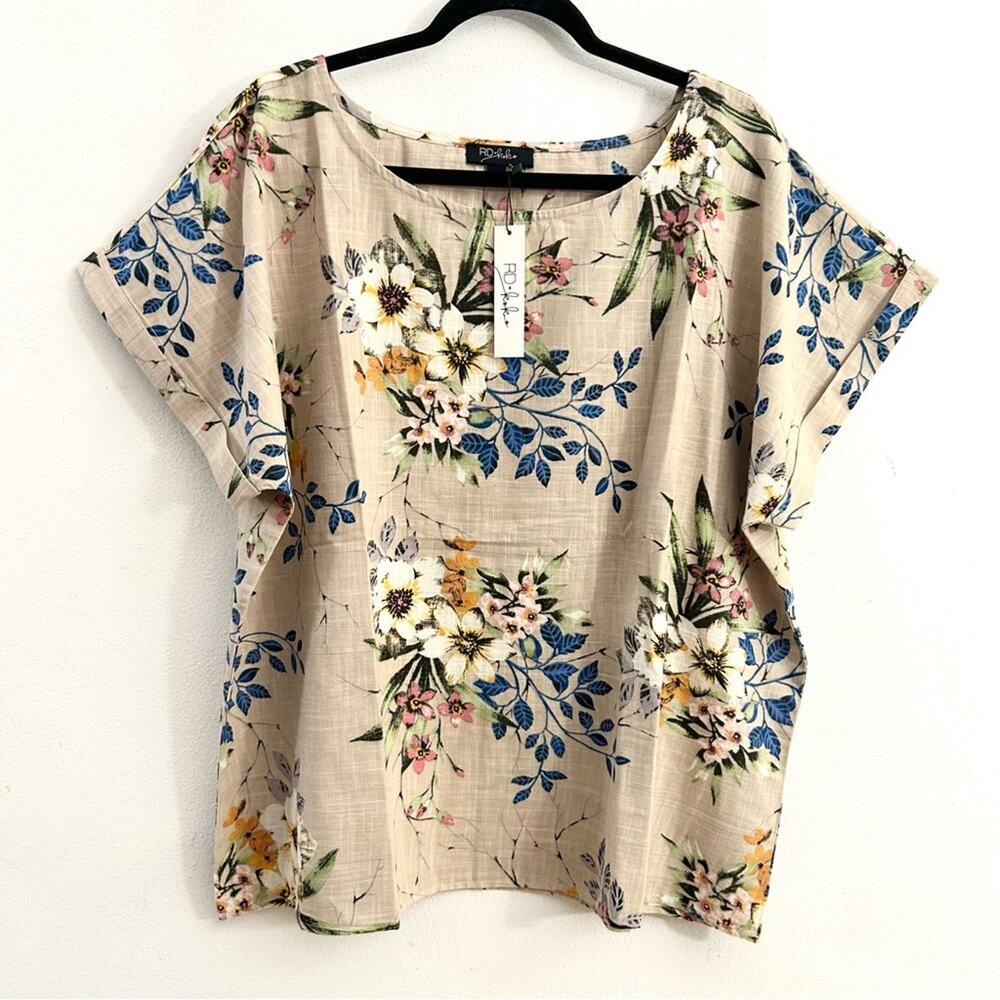Anthropologie RD+Koko Linen Top Floral Shirt Tropical Tan Beige Neutral NWT  1X
